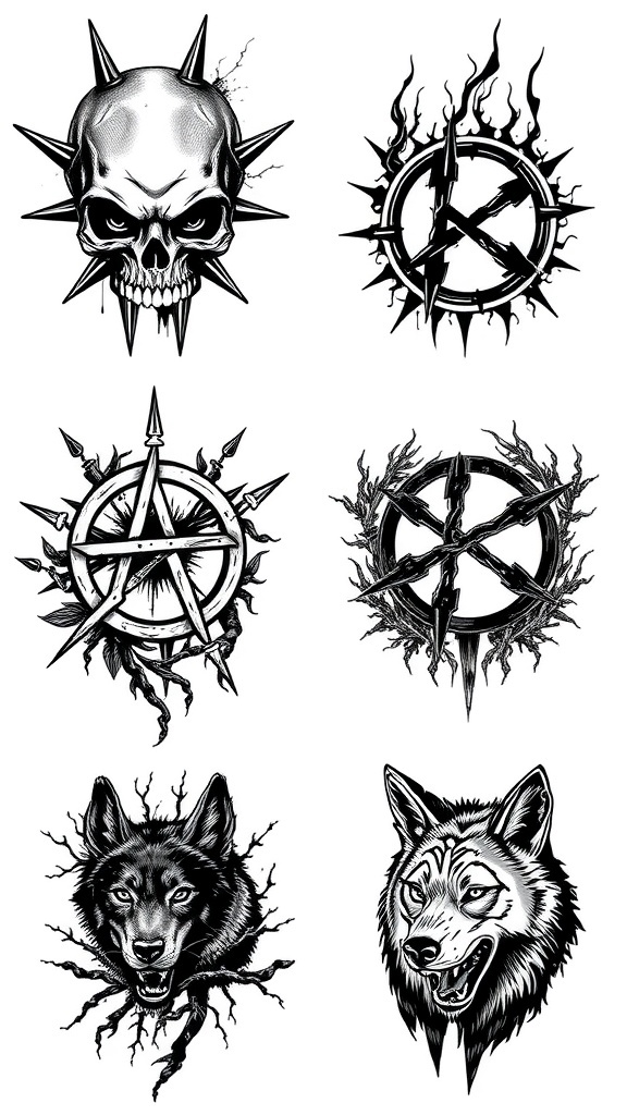 A variety of crust punk tattoos including skulls, anarchist symbols, and nature motifs.